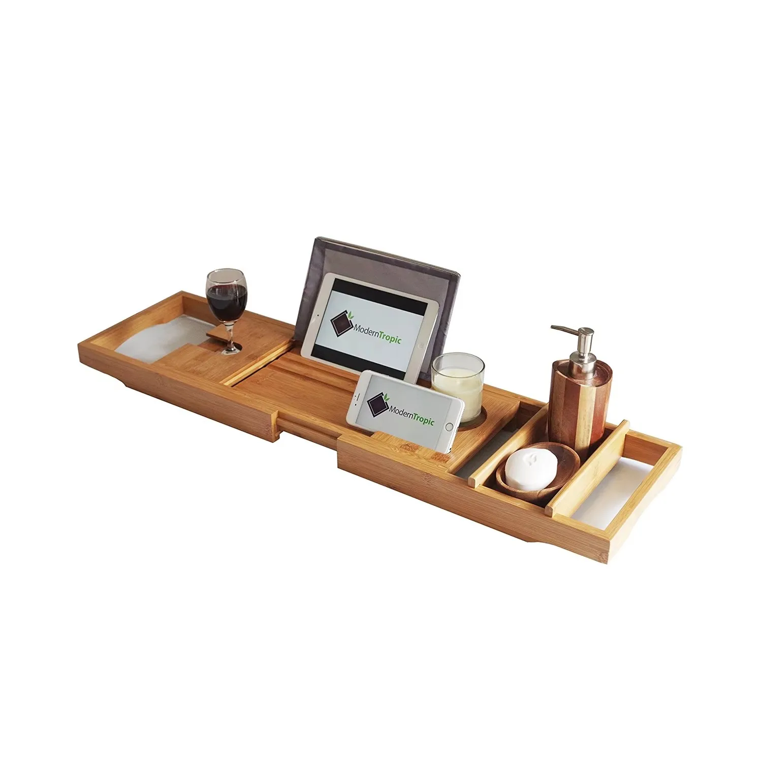 product natural bamboo bathtub caddy with extending sides expandable shower bath tub tray rack with waterproof cloth-2
