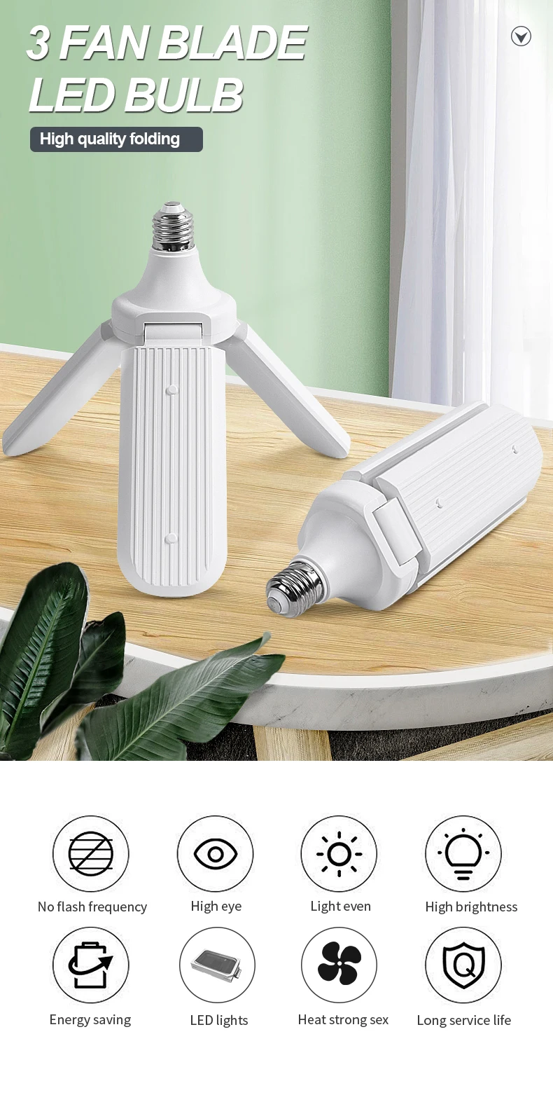 New design 36w e27 165-265V foldable three fan four fan blade led bulb