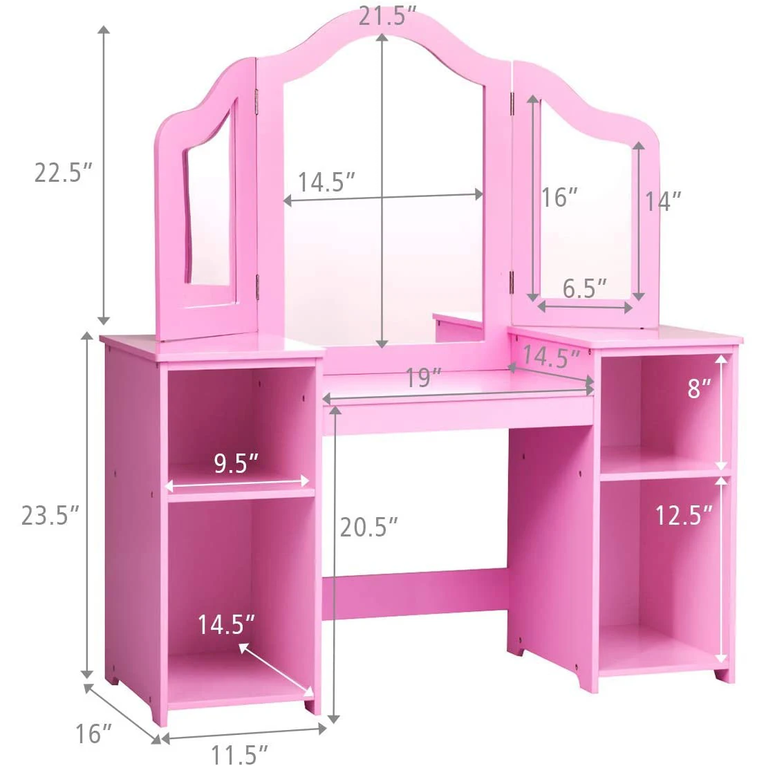 pink wood design kids vanity 2 in 1 Princess Makeup Desk Dressing Table with mirror and storage Shelves