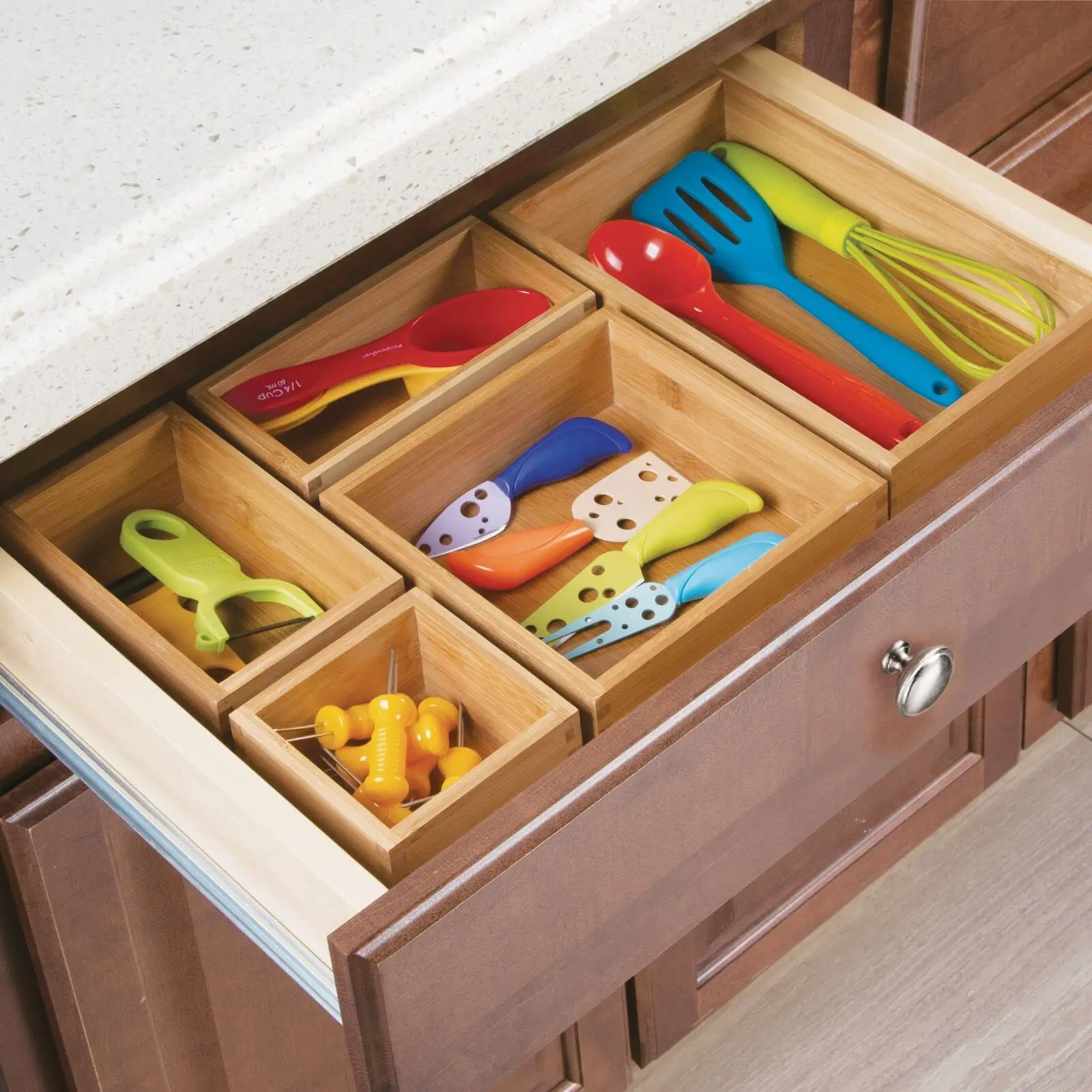 product bamboo drawer organizer set interchangeable dividers for kitchen utensil gadget storage adjustable space saving trays-7