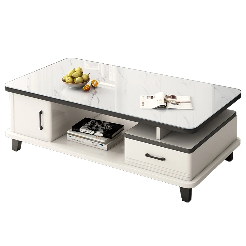 Elegant Modern Multifunctional Square White Furniture for Living Room Coffee Table with Glass Top and Drawers