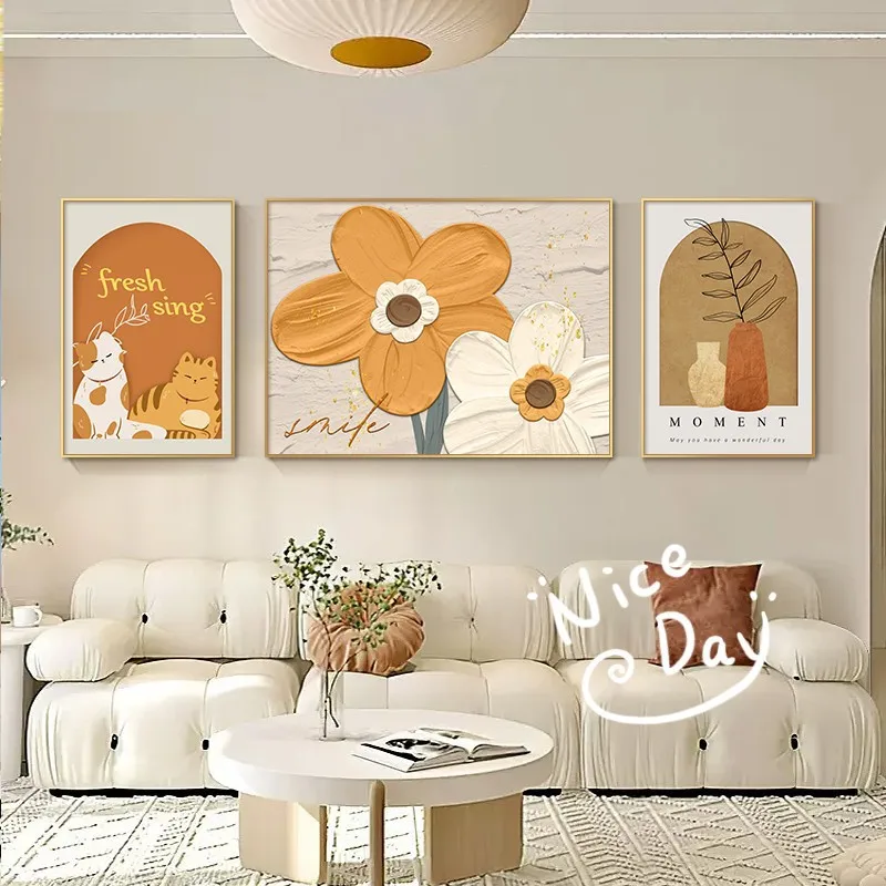 Floral Cat Gallery Wall Art Set Canvas Print Yellow White Daisies Green Earthy Tones Minimalist Whimsical Living Room Home Decor
