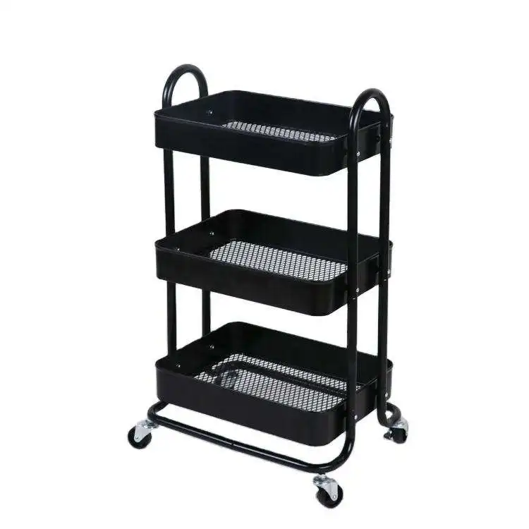 Wholesale Steel 3 Tier Mesh Wire Basket Mobile Rolling Storage Rack Bathroom Utility Shelf Kitchen Cart Trolley With Wheels