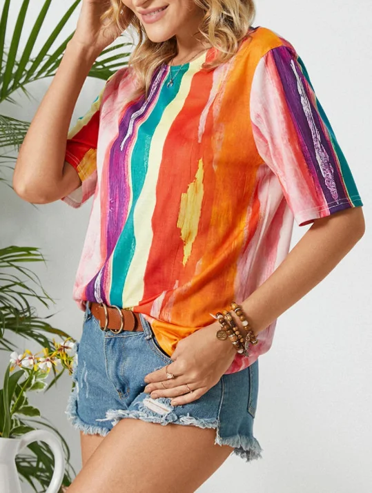 2021 Hot Selling Summer Wholesale Women Colorful Stripe Printed T Shirts In Bulk
