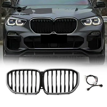 New Coming Led Grille With Light Glossy Black Color Single Wires Front Grill For X5 G05 Car Grills 2019+