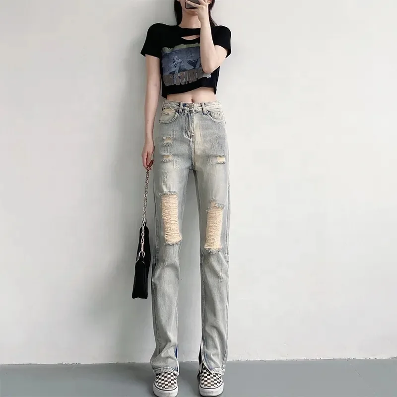 Women Denim Pants Custom Logo High Quality 100% Cotton Washed Straight Loose Fitting Wide Leg High Waist Plus Size Women's Jeans