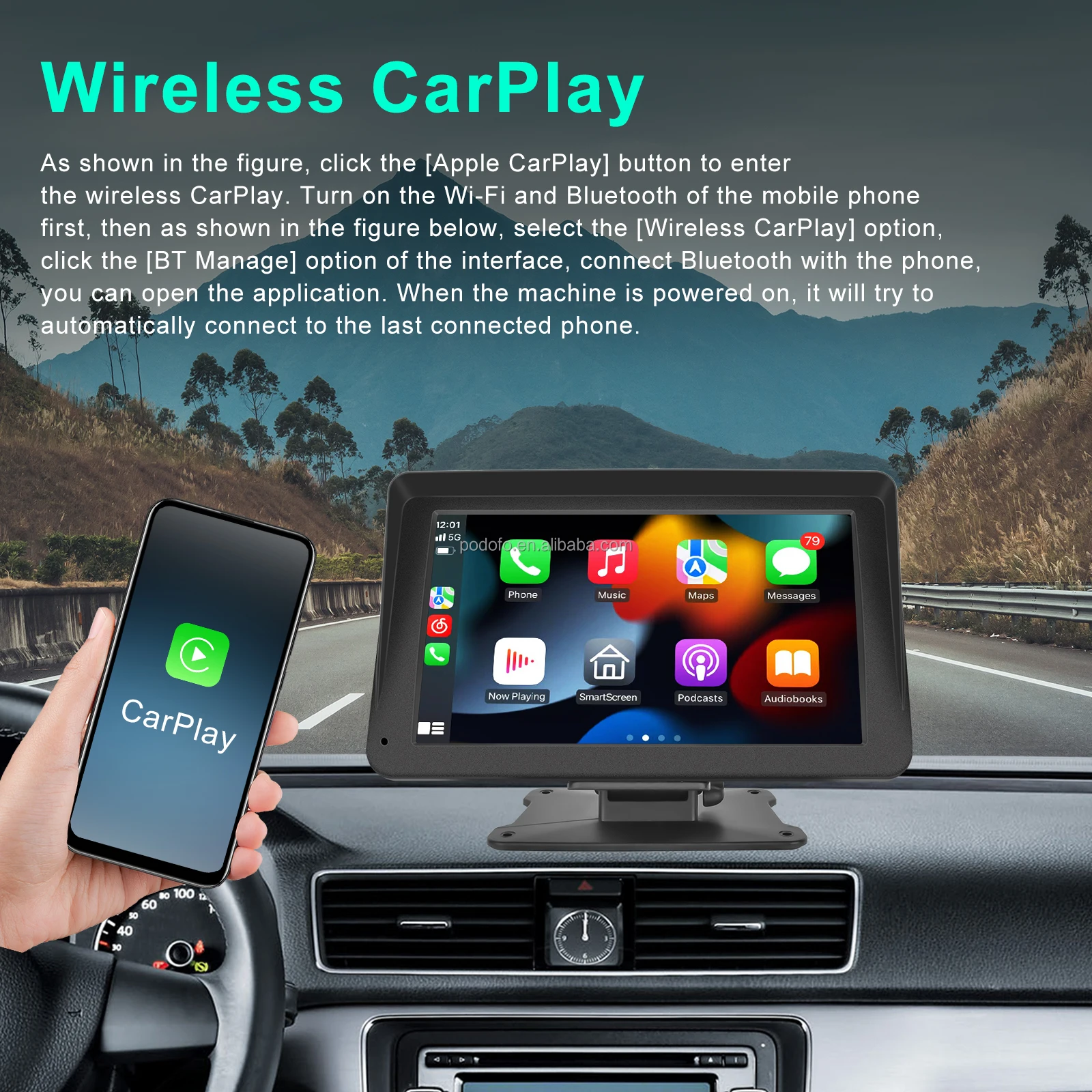 Podofo Portable Wireless Carplay Android Auto Car Radio Autoestereo