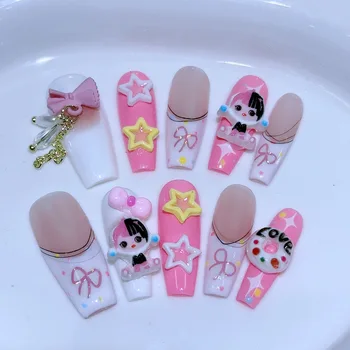 10 pcs Sweet Cool Cute Style Cartoon Bubble Mart Doll Bow Nail Art Wearable Nail handmade press on nails Artificial Fingernails