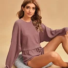 Women Pajamas Sleepwear Super Soft Wholesale Waffle Knit Solid O-Neck Drawstring Women Pajamas