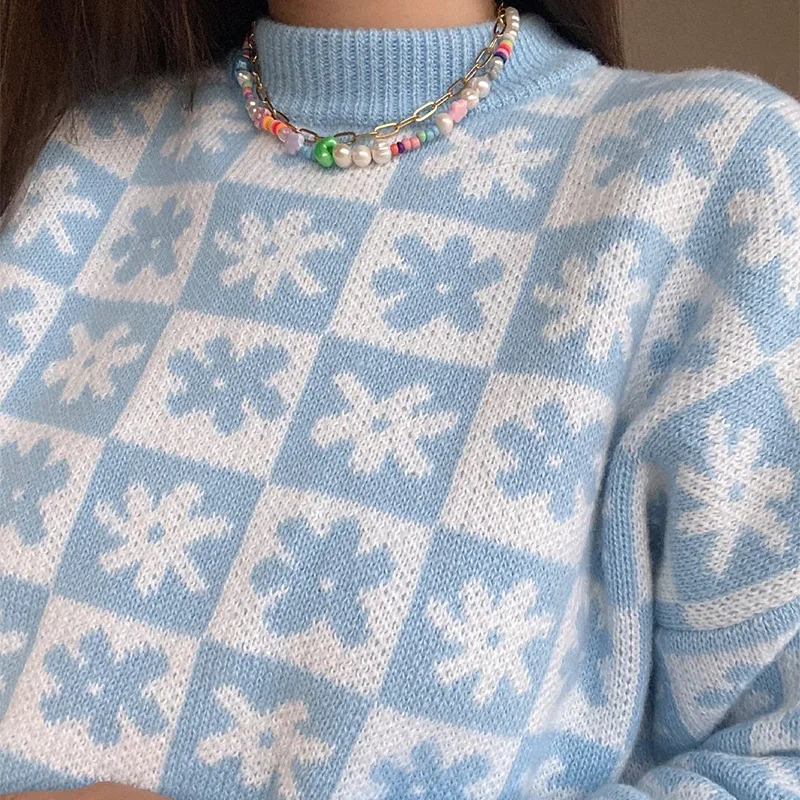 Winter 2021 Women Fashion Long Sleeve Plaid Stand Neck Korean Knitted Women's Sweater