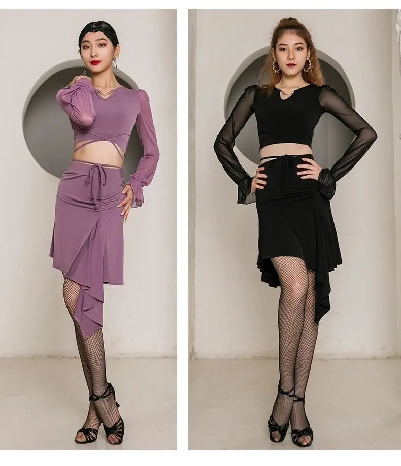 Dance America High Collar Latin Practice Dress with Lace Sleeves and Skirt D911_SALE