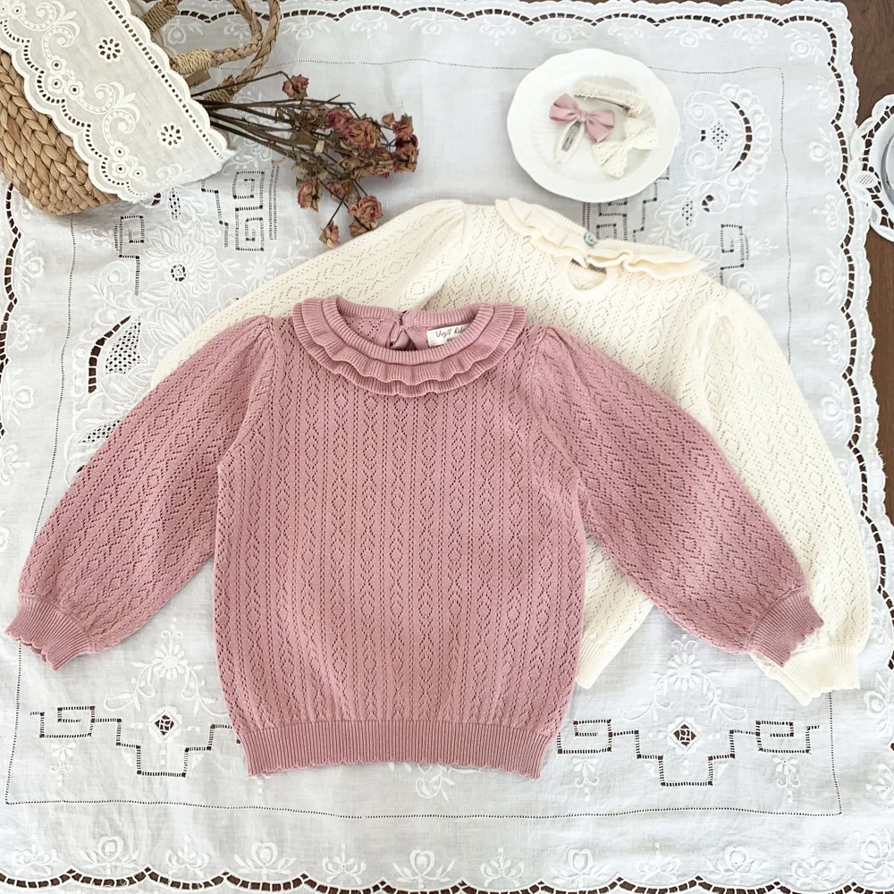 2023 new girls' cotton knitted top double-layer lotus collar solid color hollow-out sweater