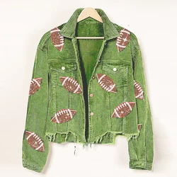 Wholesale Custom Sequin Embroidery Corduroy Shacket Football Coats Jacket for Women