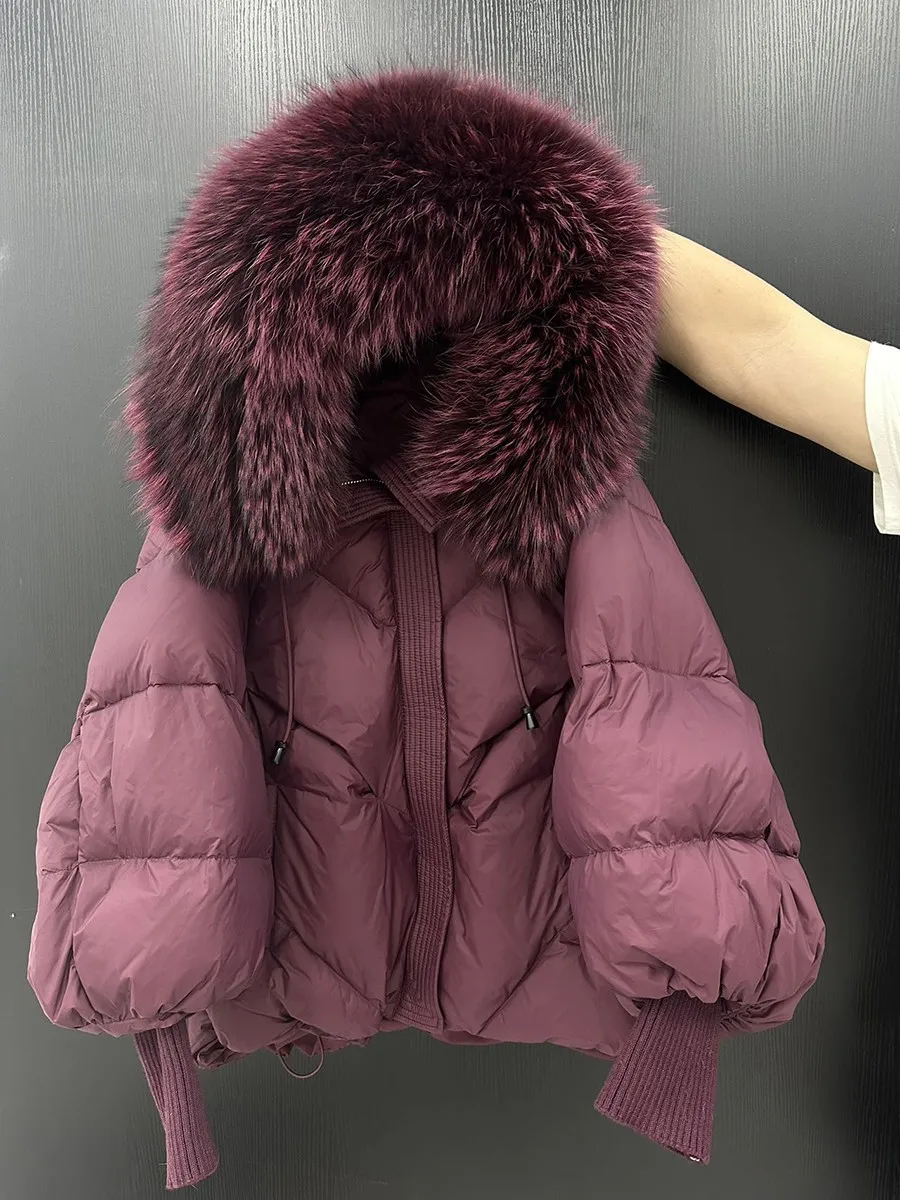 European Style Winter New White Duck Filled Large Fur Trim Hooded Jacket Women's Mid-length Thickened Warm Knitted Coat factory