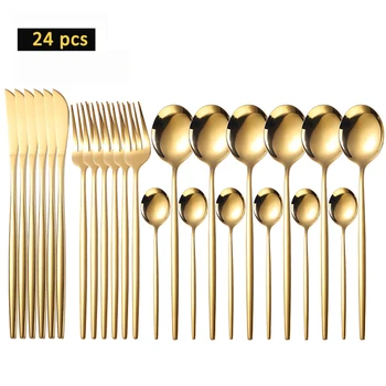 Luxury Wedding Gift 24 Pieces Knife Spoon Fork Sets Gold Plated Flatware Stainless Steel Cutlery Sets With Gift Box
