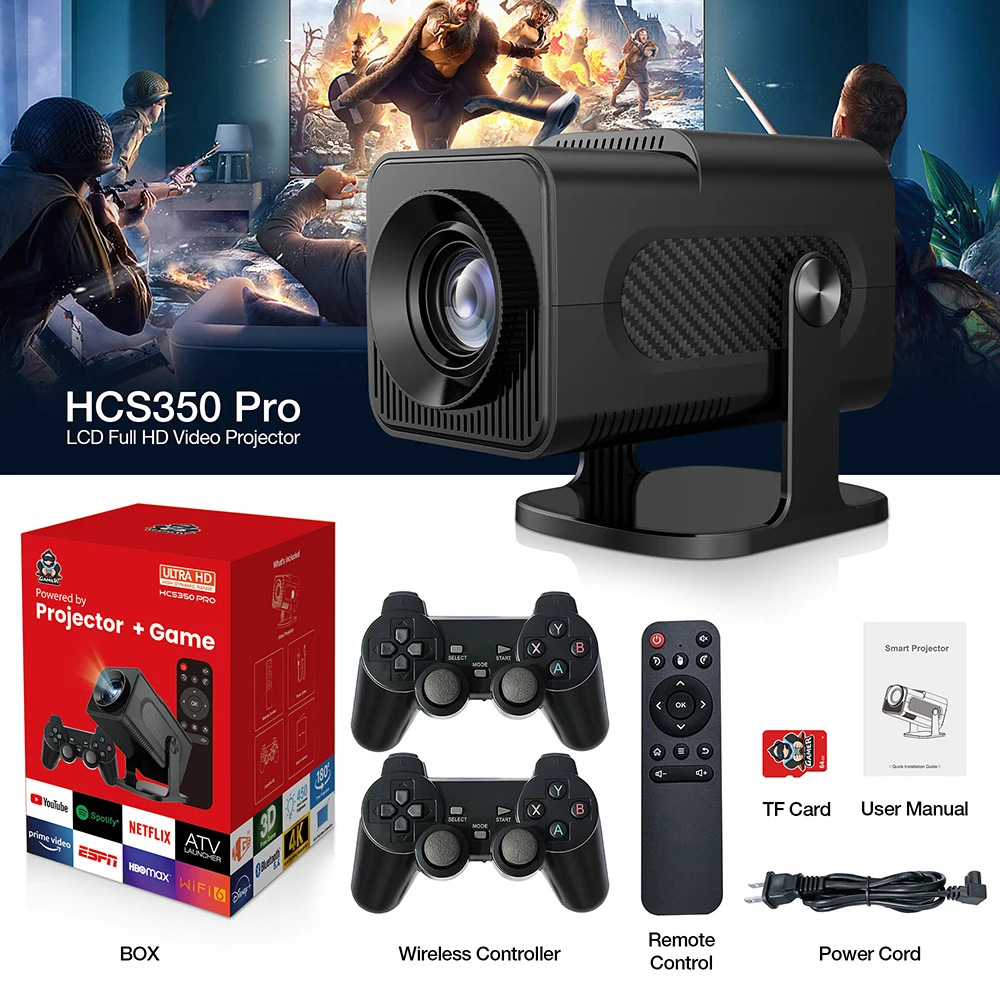 HCS350Professional Game Projector1080P 240 ANSI Allwinner H713Android11Portable overhead projector，With Game Projector and Game Paddle Console