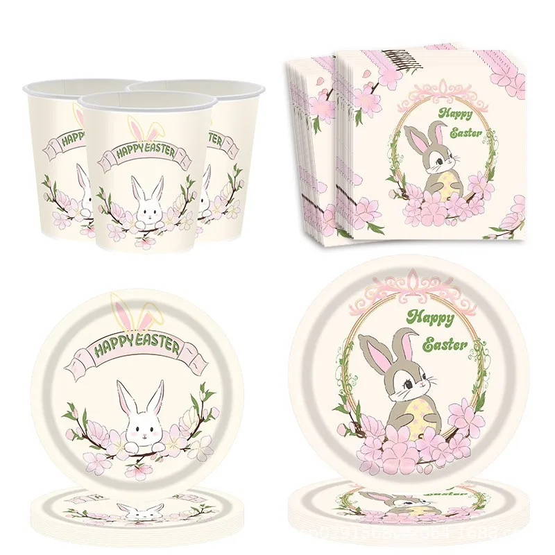 Custom Easter Bunny Print Disposable Tableware Set Paper Plates and Cups for Birthday Party Decorations