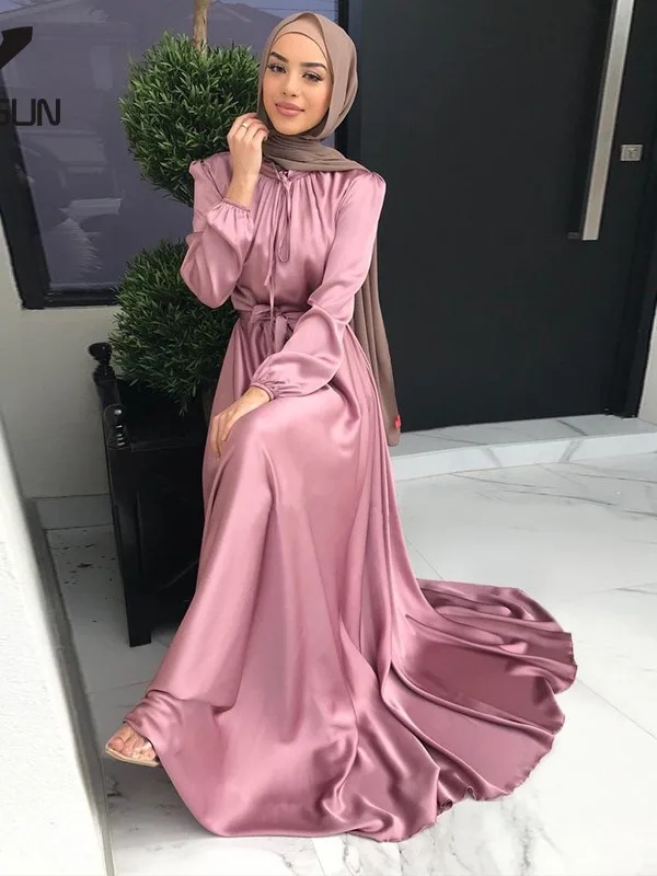 Islamic Dress Dubai Middle East Elegant Satin Abaya Dress Muslim Solid Color Clothing Hot