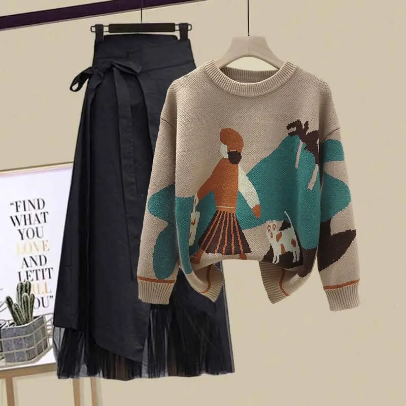 Large Size Women's Spring Solid Chenille Two-Piece Set New Fake-Slimming Shirt Top and Midi Skirt supplier