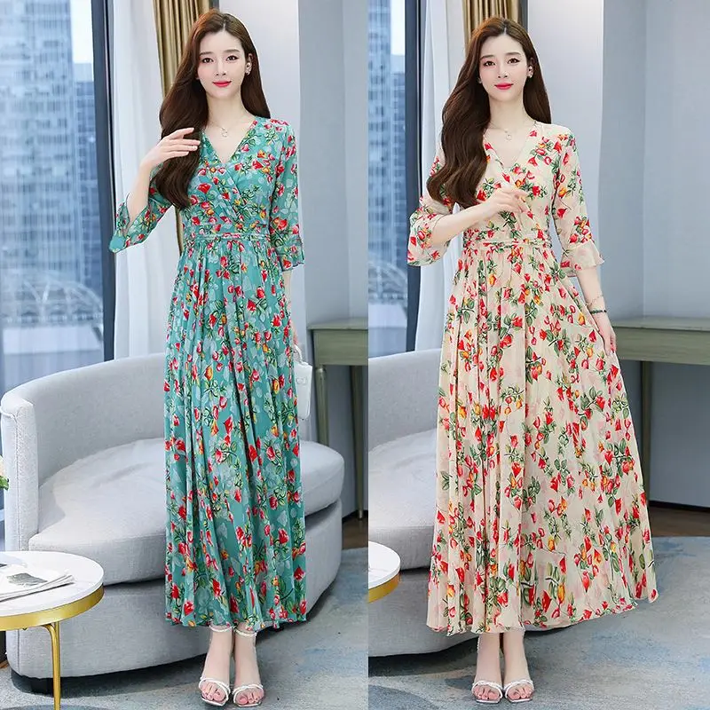 customize women's printed floral chiffon Fit and Flare 3/4 sleeve midi maxi dress modest muslin long sleeve maxi dress