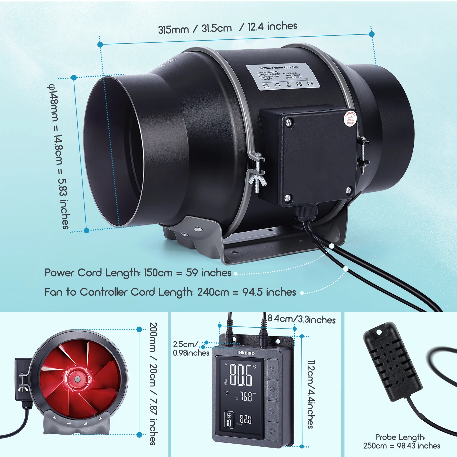 Inline Duct Fan, INKBIRD, 350CFM, Electric - detail 14