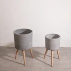 Pots Wooden Round Cement Pot Round Deep Cement Wood Concrete Indoor Flower Pots With Wooden Stand For Floor Decor
