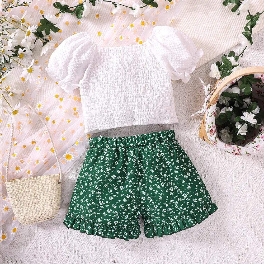 Korean style toddler little girls clothing bubble sleeve tops+floral shorts two piece new fashion girls clothes for summer