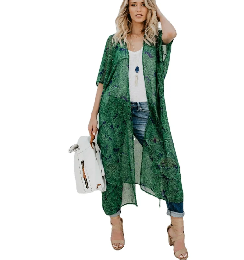 Flovey Womens Printed Sheer Beach Long Kimono Cardigan Cover Up 
