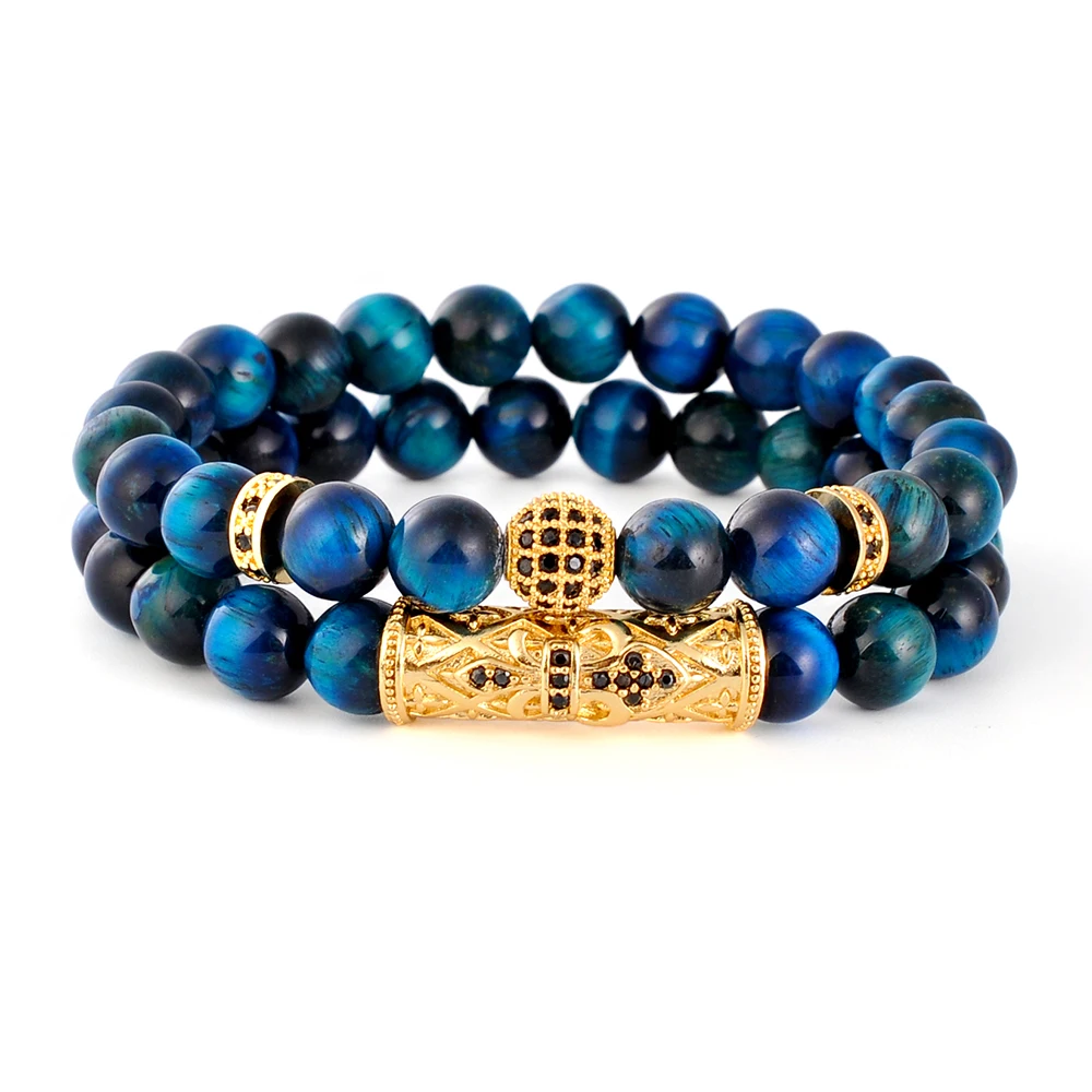 F249 Tiger Eye Bracelet 2 Pcs/set Fashion Classic Lake Blue Gem Stone Beads 8mm Natural Beaded Zircon Couple Jewelry Sets