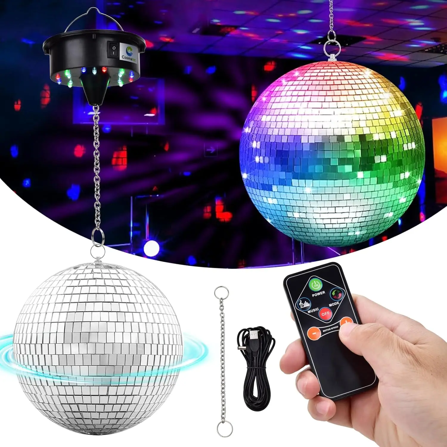Tsinye Disco Ball with Motor Light Hanging Mirror Ball Batteries Powered Rotating Motor for Disco Party Decoration