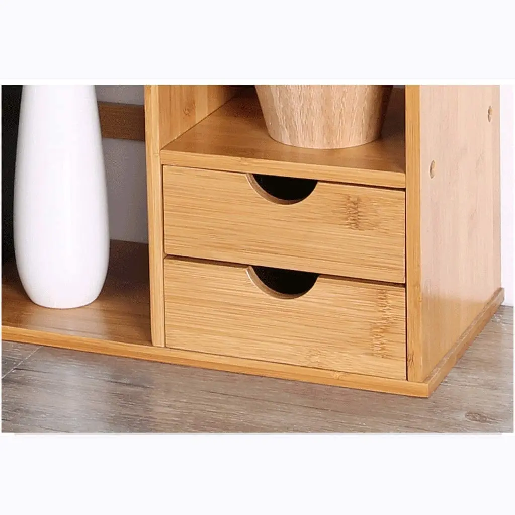 product bamboo double drawers desktop bookshelf with open bookshelves storage organizer display rack and two bookcase-10