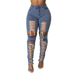 Fashion Sexy Women Summer Pants Female Streetwear Jeans Hollow Out Bottoms Eyelet Lace Up Trousers