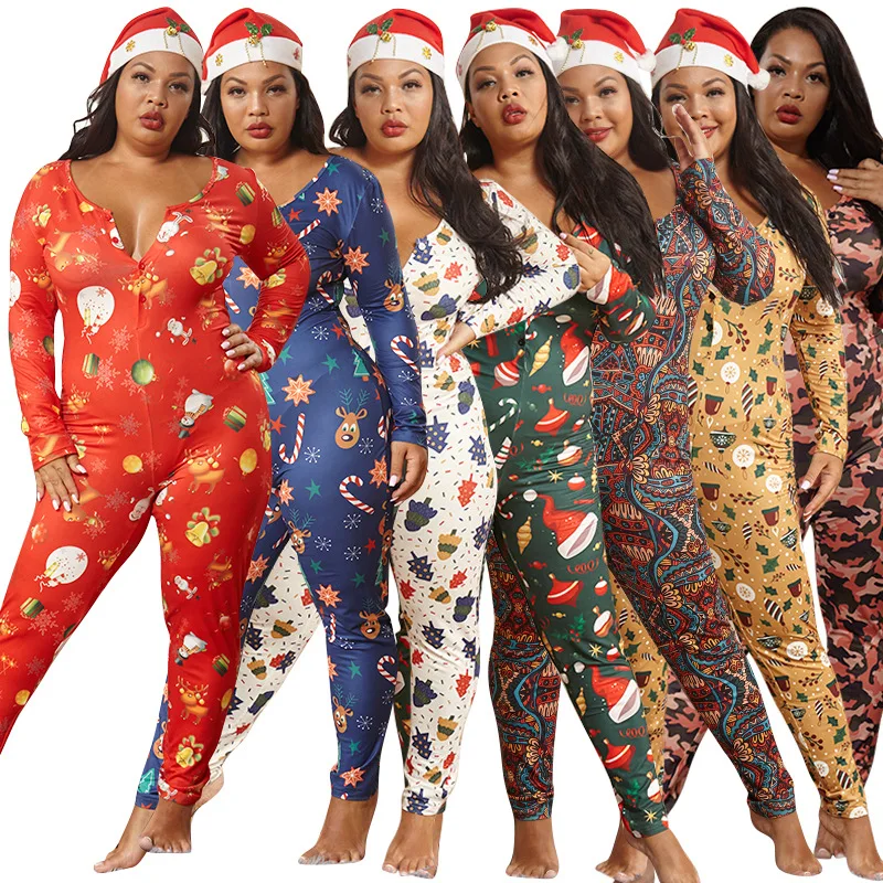 Plus Size Stretchy Women Onesie Christmas Pajamas One Piece Xmas Bodysuit V-Neck Rompers