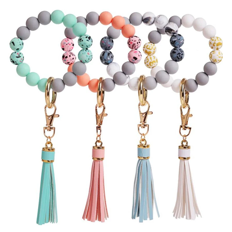 Hot Selling Colorful Wood Bead Wristlet Key Chain Retro Bracelet Bangle