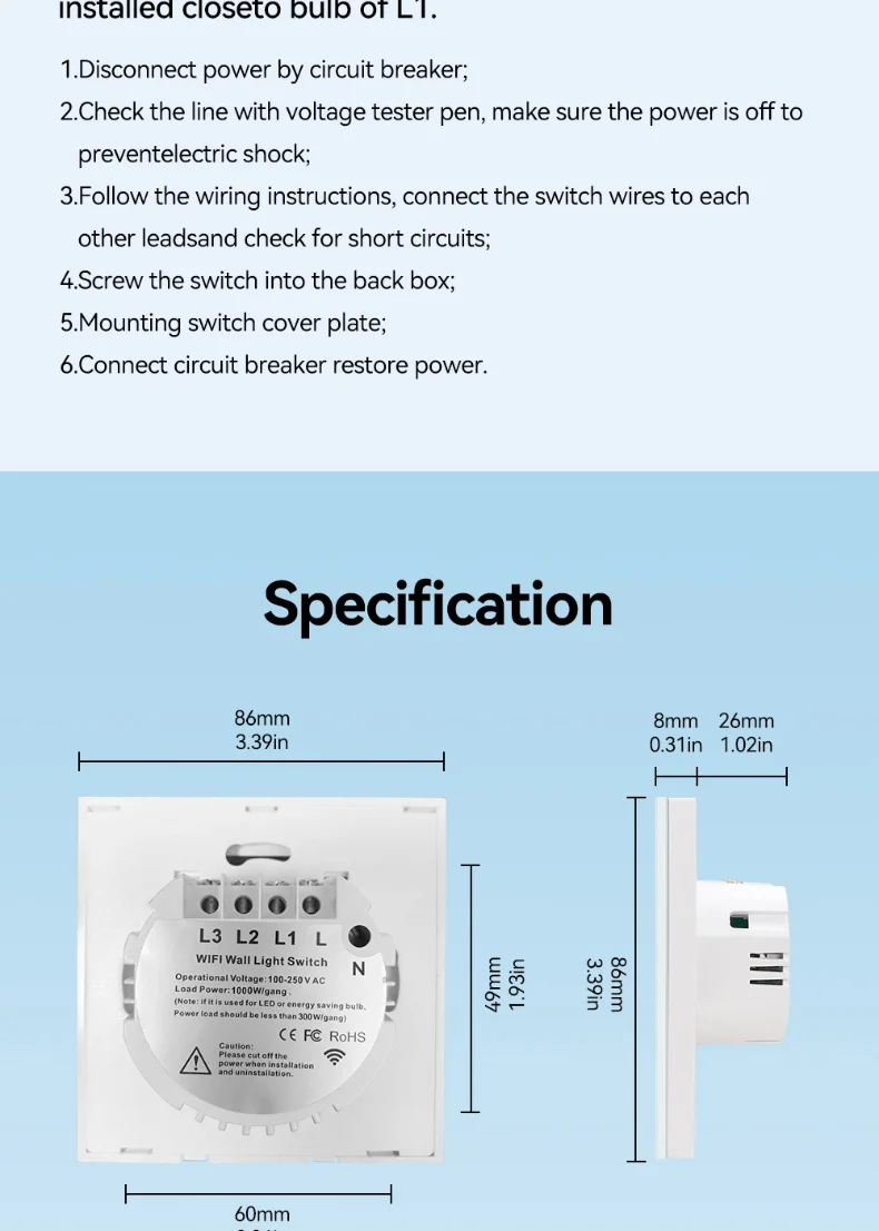 EU 1/2/3 Gang Tuya WiFi Smart RF433 Remote Control Touch Panel Wall Switch Support Voice Control