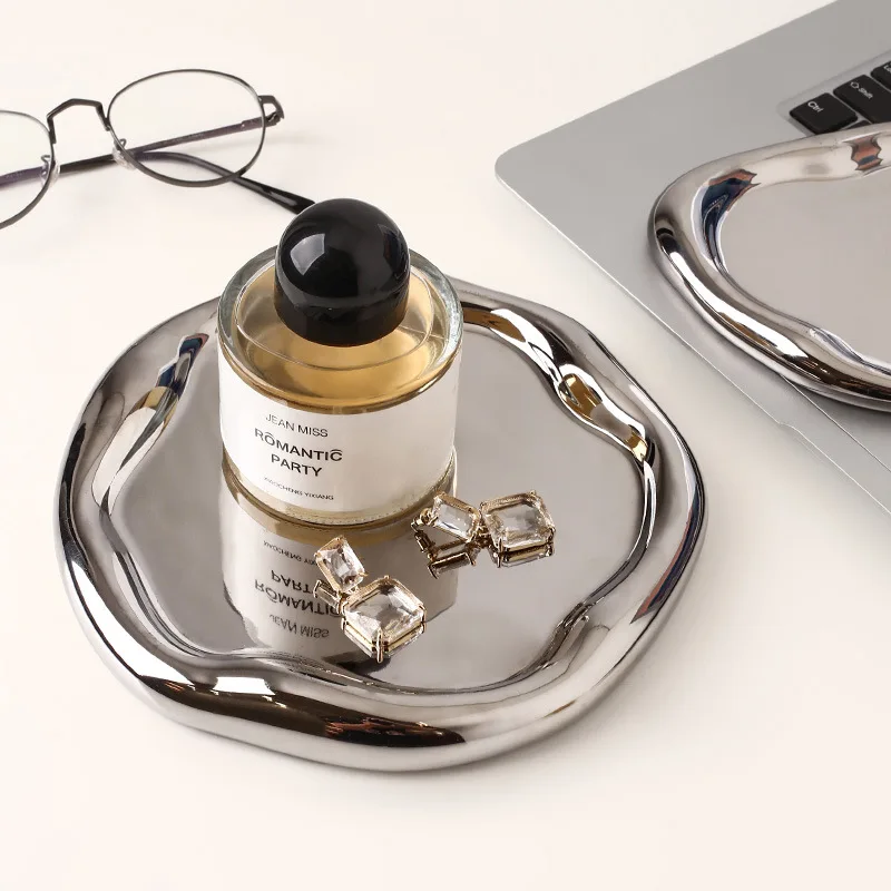 Silver Bear Tray Decor Figurine Gold Metal Plate Shiny Modern Minimalist Home Desk Entryway Small Item Organizer