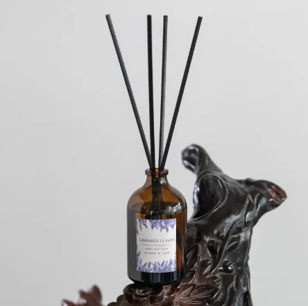 product new design illustration style high end brown glass bottle reed diffuser with black fiber rattan sticks for home-4
