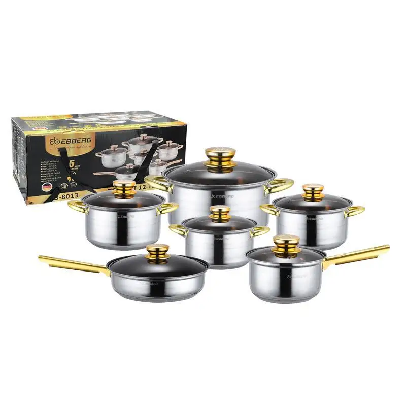 Stainless steel gold handle non stick pot, five layer pot bottom, 12 piece set pot, stainless steel set pot.