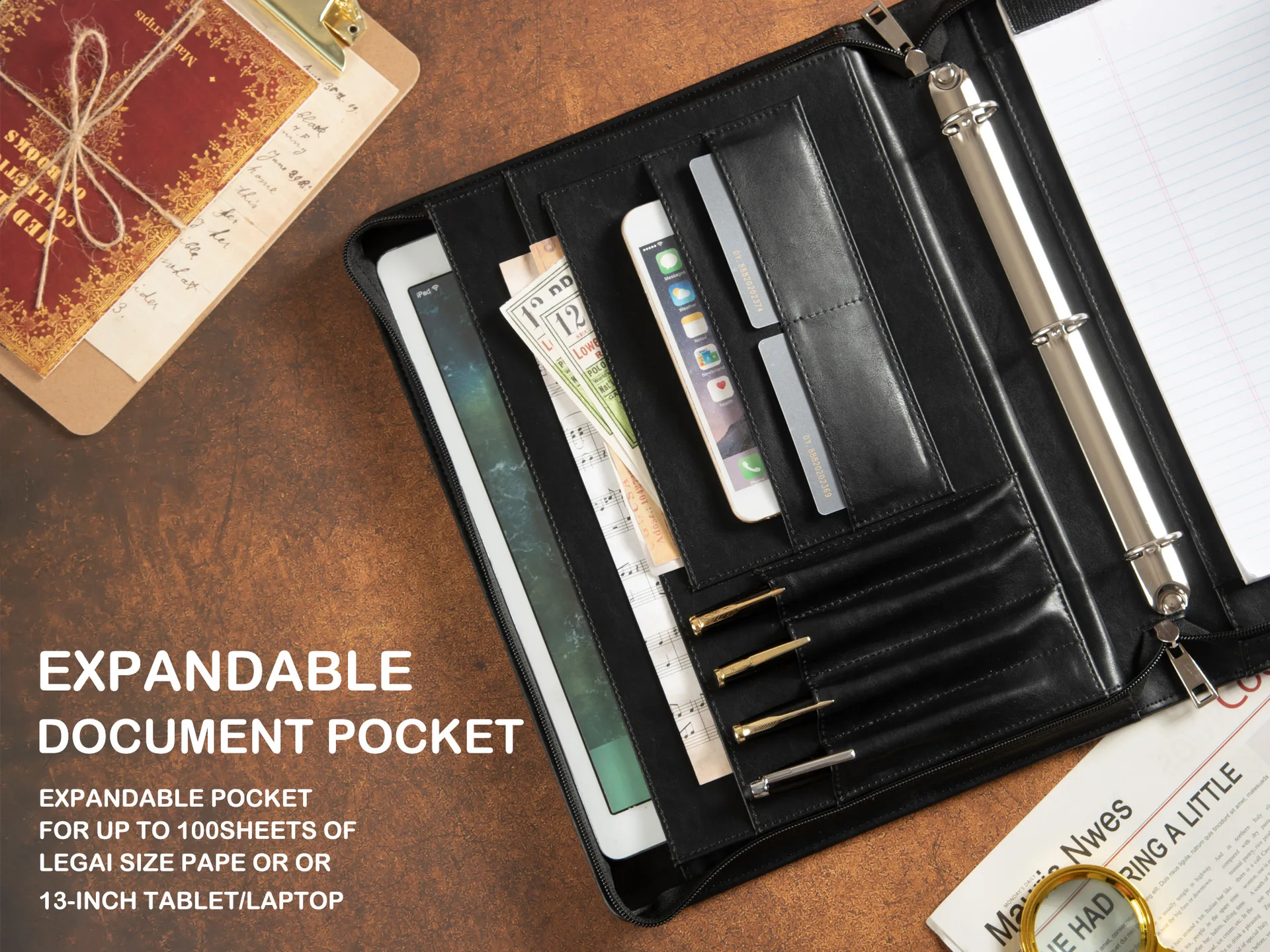 Leather Portfolio Binder Custom Multi-Functional Business Padfolio Folder with 3 Ring binder