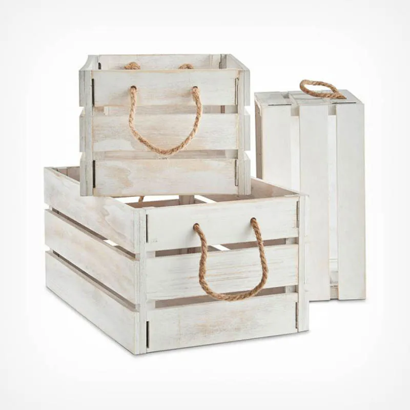 Vintage Set 3 Storage Crates Rustic White-Washed Wooden Storage Crates with Jute 