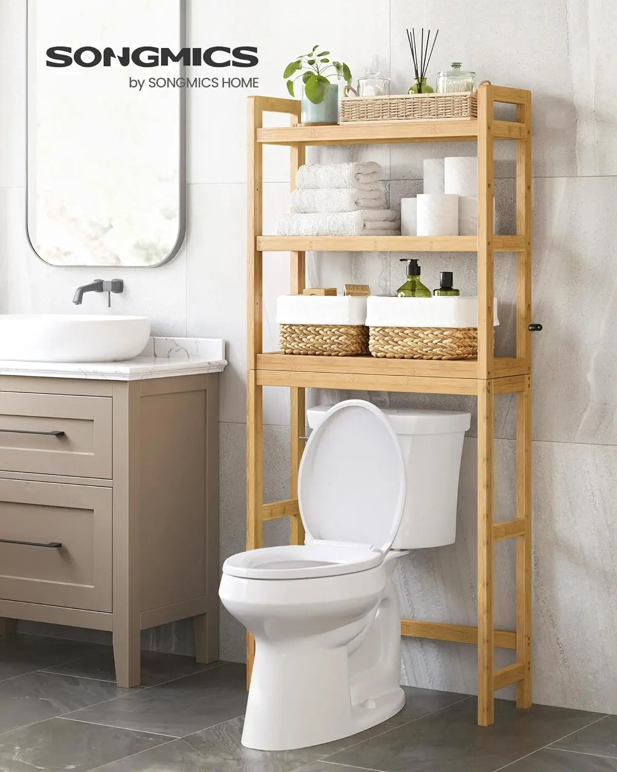 product 3 tier space saving bamboo over toilet bathroom organizer with adjustable shelf for sundries storage-1