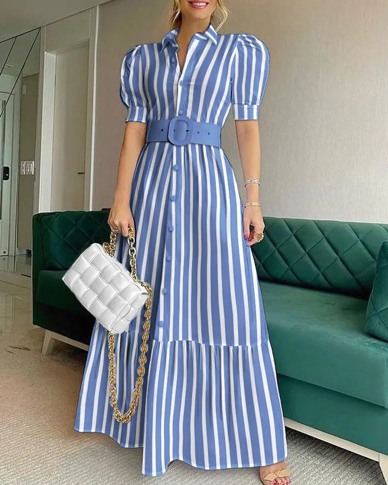 Summer Elegant Turn Down Collar Stripe 