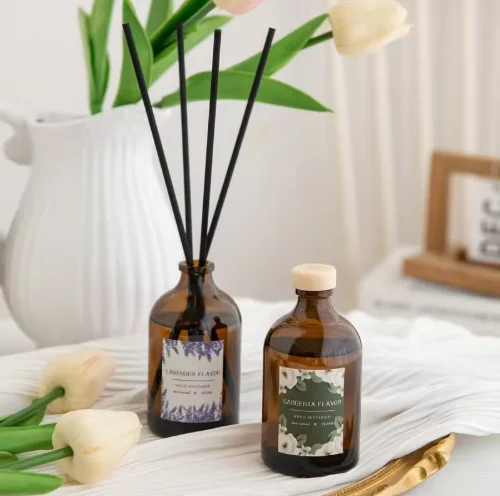 product new design illustration style high end brown glass bottle reed diffuser with black fiber rattan sticks for home-3
