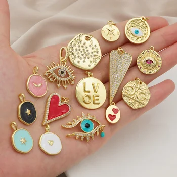 Wholesale New fashion jewelry enamel crystal heart eye pendant 18K gold plated pink green heart evil eyes charms pendant