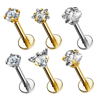 G23 Titanium Labret Earring High Grade Zircon Geometric Cut Fashion Gold Lip Studs Ring Shape Body Piercing Jewelry Women