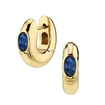 Hot selling 925 sterling silver blue sapphire chunky huggie hoop 18K gold gemstone earrings