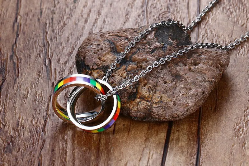 LGBT Jewelry Gay Pride Rainbow Jewellery Gay Lesbian Necklace Double Ring Rainbow Pendant 316L Stainless Steel Rainbow Necklaces