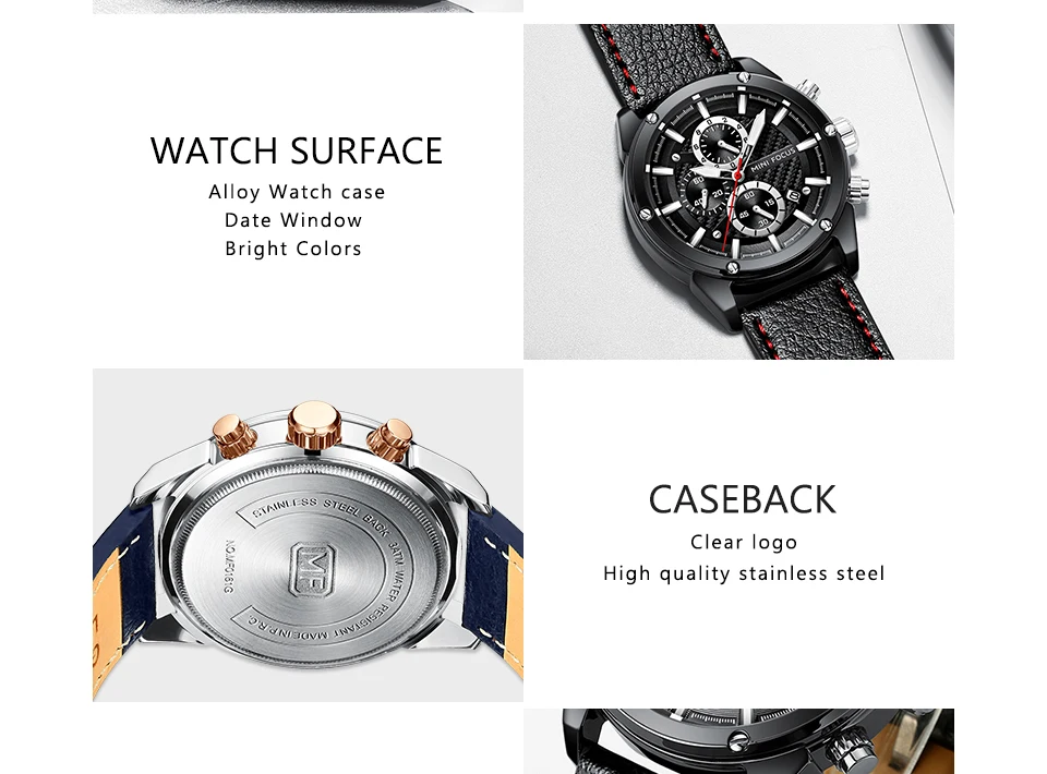 Mini Focus 0161 Leather Chronograph Quartz Watch Luminous Waterproof