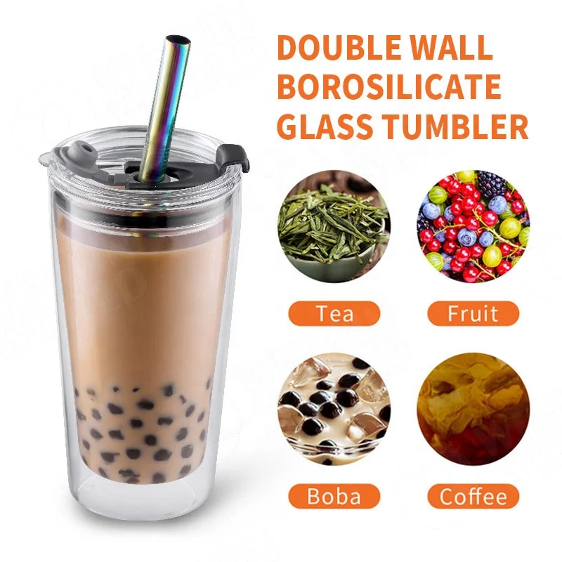 Double wall glass tumbler - 14-ounce, all glass reusable insulated tea/coffee mug & lid, hand blown glass travel mug Double wall glass tumbler - 14-ounce, all glass reusable insulated tea/coffee mug & lid, hand blown glass travel mug