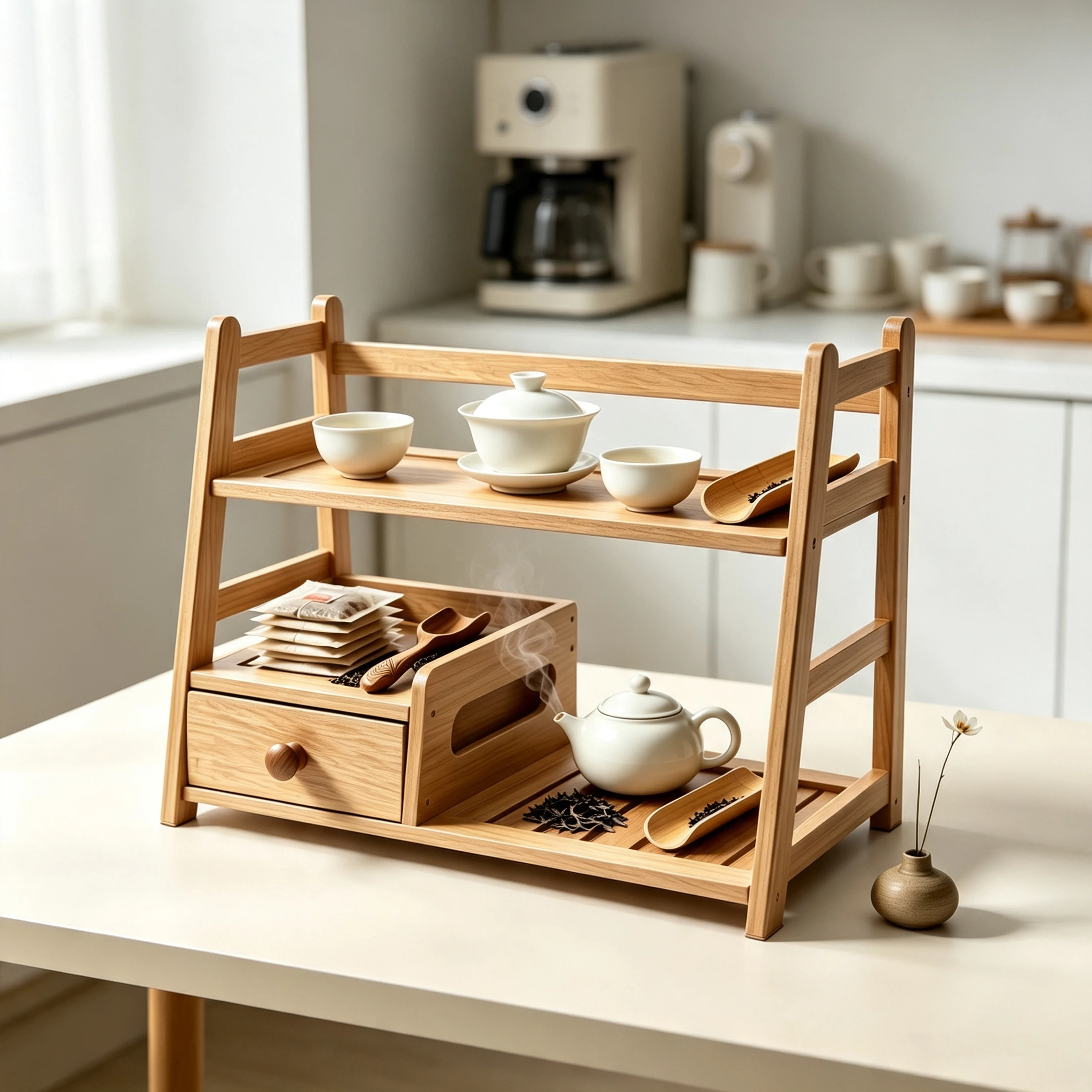 product bamboo tea matcha coffee station with drawer tea rack countertop tea bag display shelf tea station storage rack for kitchen-3